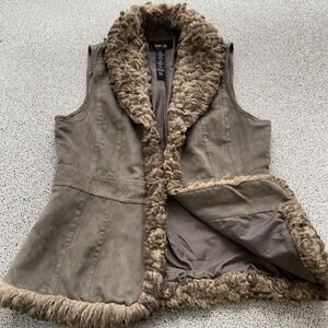 Style & Co Womens Vest Faux Fur & Faux Suede Olive Green Size P/L Flattering